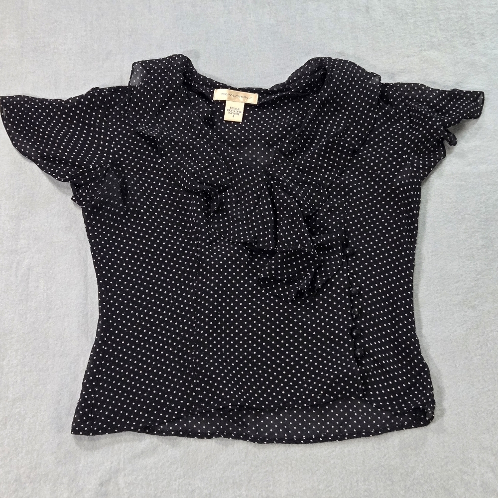 Transitions Silk Blouse Womens 4 Black White Polka Dot Ruffle Flutter‎ Sleeve